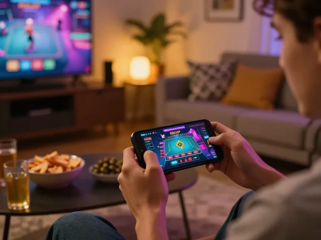 Engaging with RIKVIP mobile app for online casino gaming in a cozy home setting