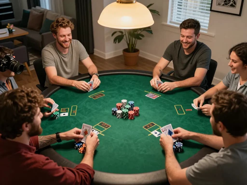 Friends enjoying a poker night with 8xbet games, showcasing strategy and camaraderie around a green felt table.