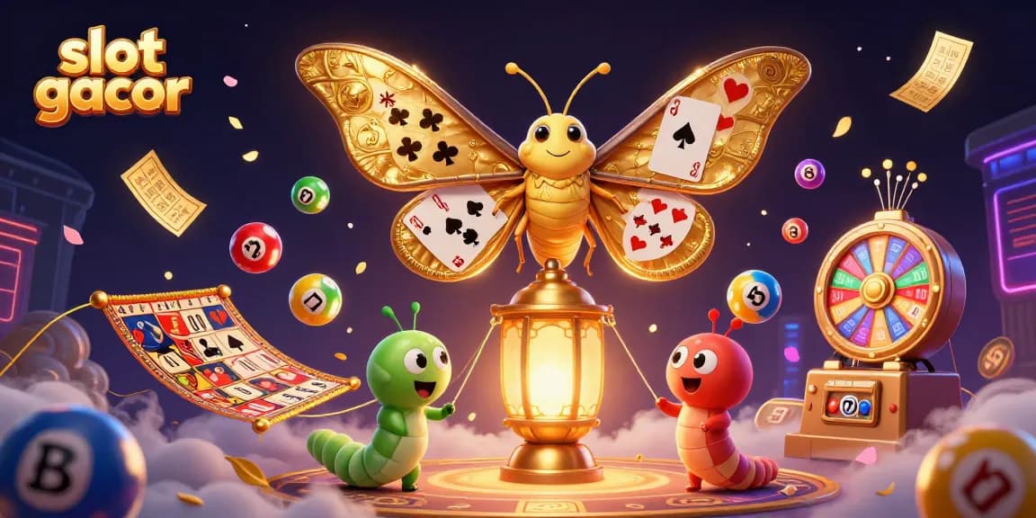 Slot gacor menawarkan visual menarik dengan detail mesin slot dan bola lotere berwarna.
