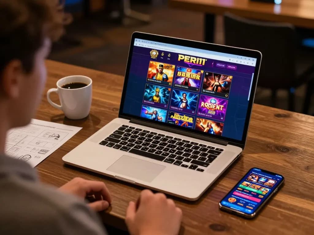 Player engaging in PERI11 online gaming with laptop and smartphone at a cozy setup