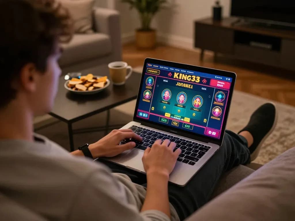Engaging in online casino gameplay at king33 with vibrant graphics and a cozy home atmosphere.