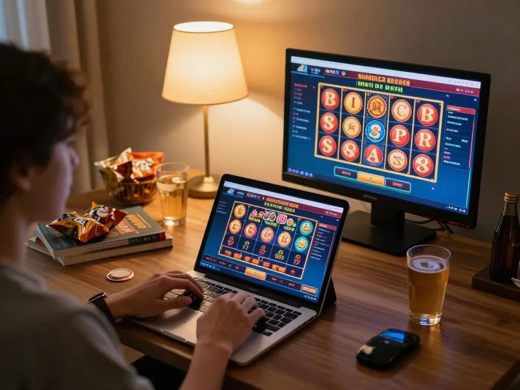 Engaging online gaming experience with VN23 interface on laptop, showcasing a vibrant home setup.