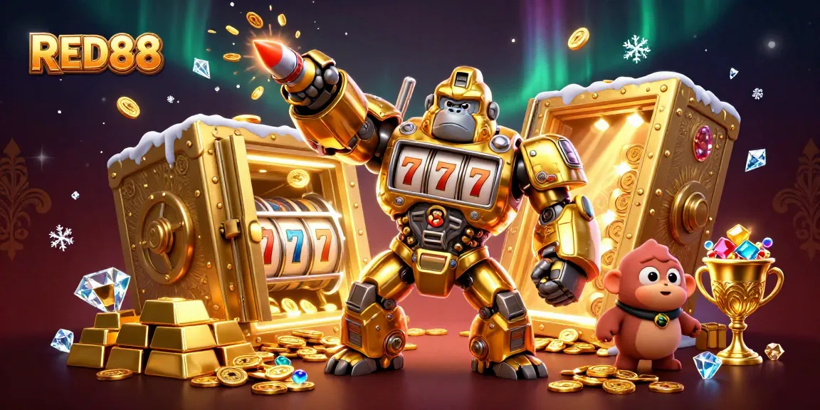 Experience the thrill of winning at RED88 with a dynamic casino scene featuring vibrant golden elements and lucky symbols.