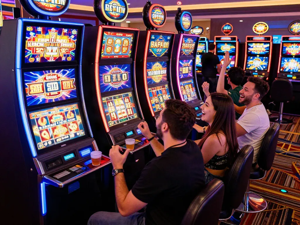 SLOT GACOR machine celebrated by friends in a lively casino atmosphere