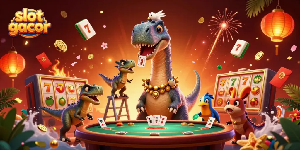 Engage with "slot gacor" as a brontosaurus looms over a bustling casino scene filled with vibrant game elements.