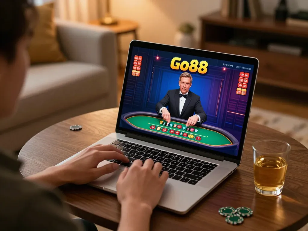 Player enjoying Go88's live blackjack game on a laptop, creating an engaging home gaming atmosphere