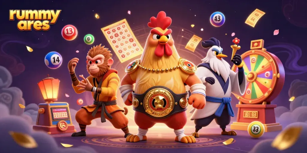 Experience vibrant rummy ares gameplay with dynamic characters and action-filled elements in a lively casino setting.