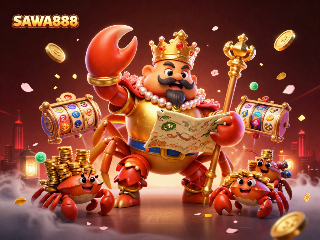 Play thrilling slots at SAWA888 while exploring vibrant treasures from a golden crab emperor and his dynamic entourage.
