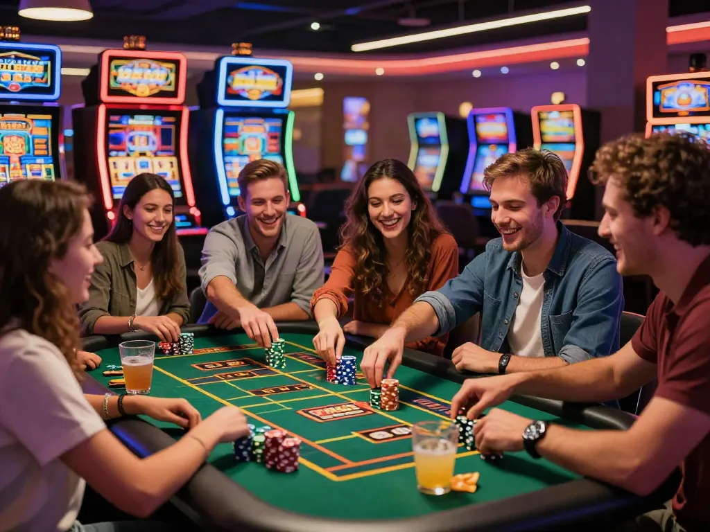 Exciting Lucky777 casino scene with friends playing slots, vibrant lights, and colorful chips.