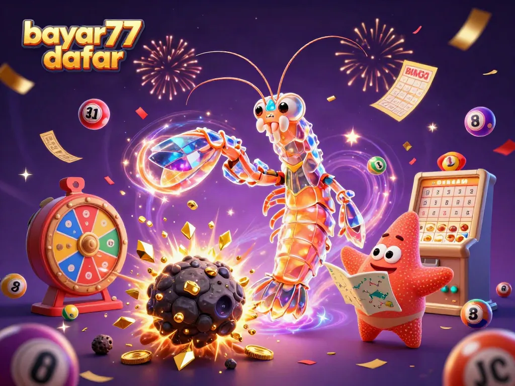 Engage with bayar77 daftar, featuring a galactic samurai mantis shrimp and vibrant lottery elements.