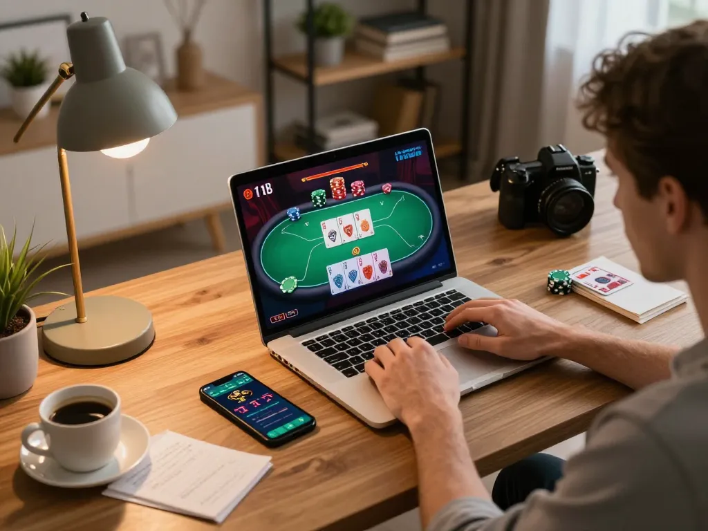 Play poker online at aa88i with a user enjoying a modern setup, showcasing vibrant gameplay.