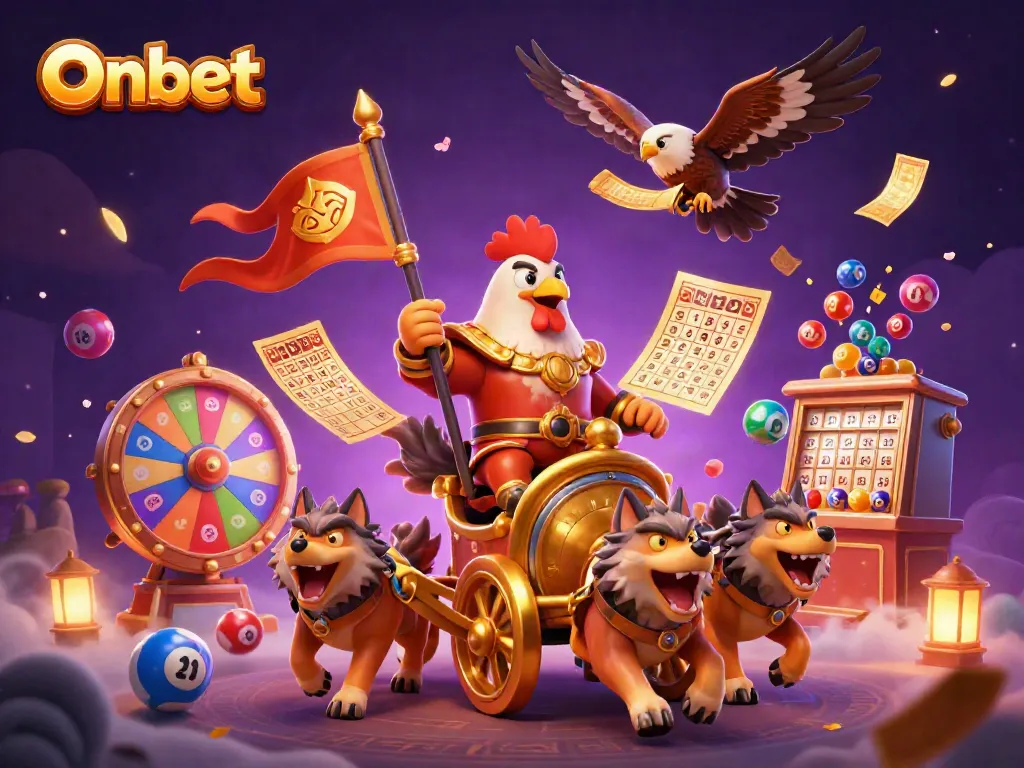 Engage with Onbet's thrilling gaming universe featuring the rooster warlord and vibrant lottery elements in an exhilarating scene.