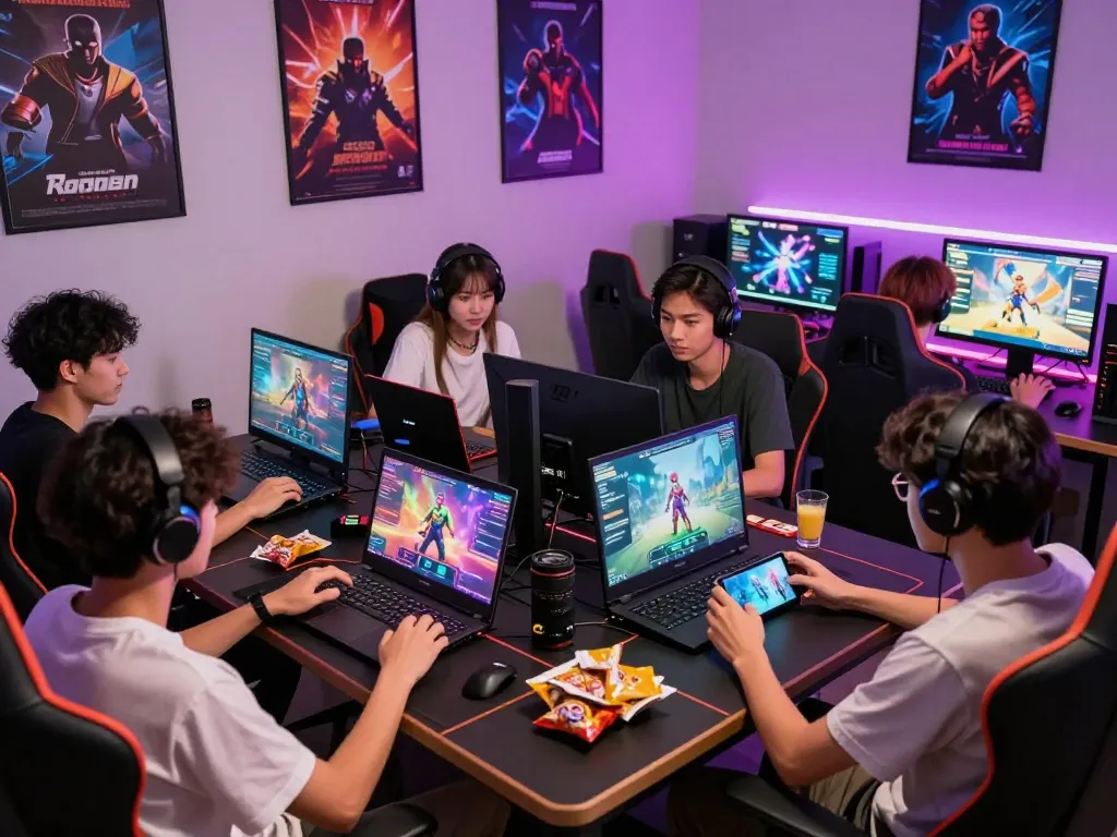 Group of friends enjoying porngames in vibrant gaming room with colorful decor and multiple devices.
