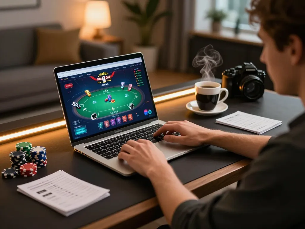Player engaging in MM88 online poker game with strategy notes and coffee