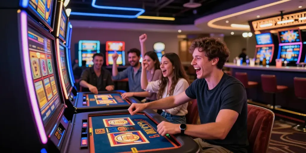 Exciting casino environment at Wolfbet showcasing friends enjoying games, highlighting the Wolfbet Bonus Page.