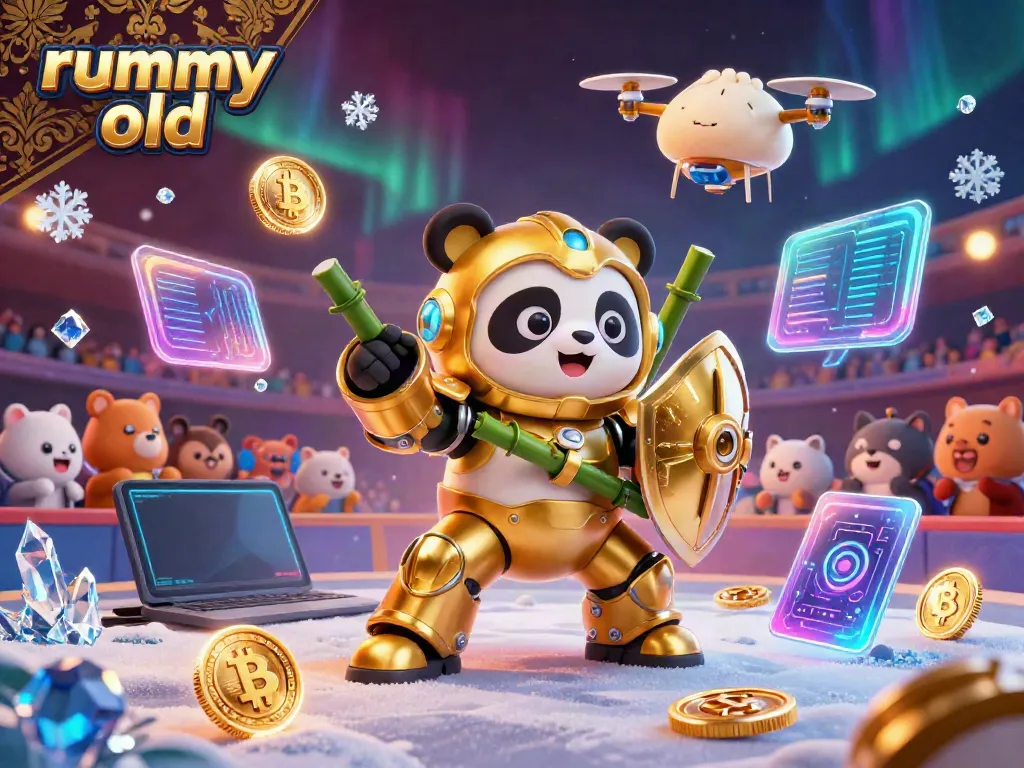 Play rummy old with a dynamic panda mech-suit in a vibrant arena featuring NFT elements and glowing coins.