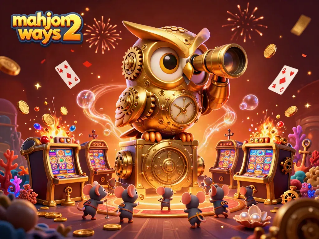 Experience the excitement of mahjong ways 2 with a vibrant casino scene featuring a golden owl and treasure elements.