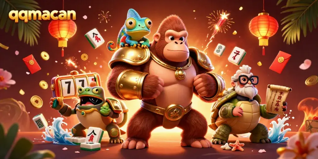 Engage with the thrilling world of qqmacan, depicted through a powerful gorilla king and enchanting gaming elements.