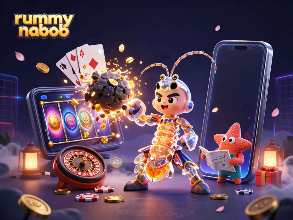 Permainan rummy nabob dengan ilustrasi karakter kartun 3D yang dinamis dan elemen kasino berkilauan.