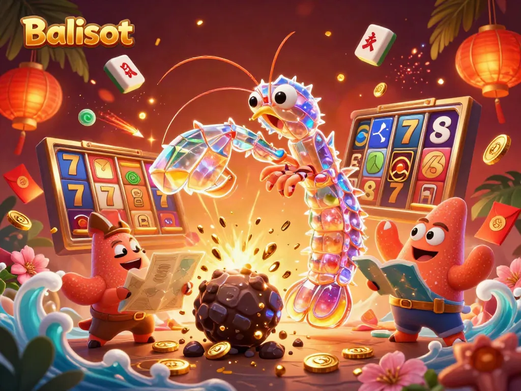 Experience the excitement of Balislot with vibrant scenes featuring a futuristic mantis shrimp warrior and treasure galore.