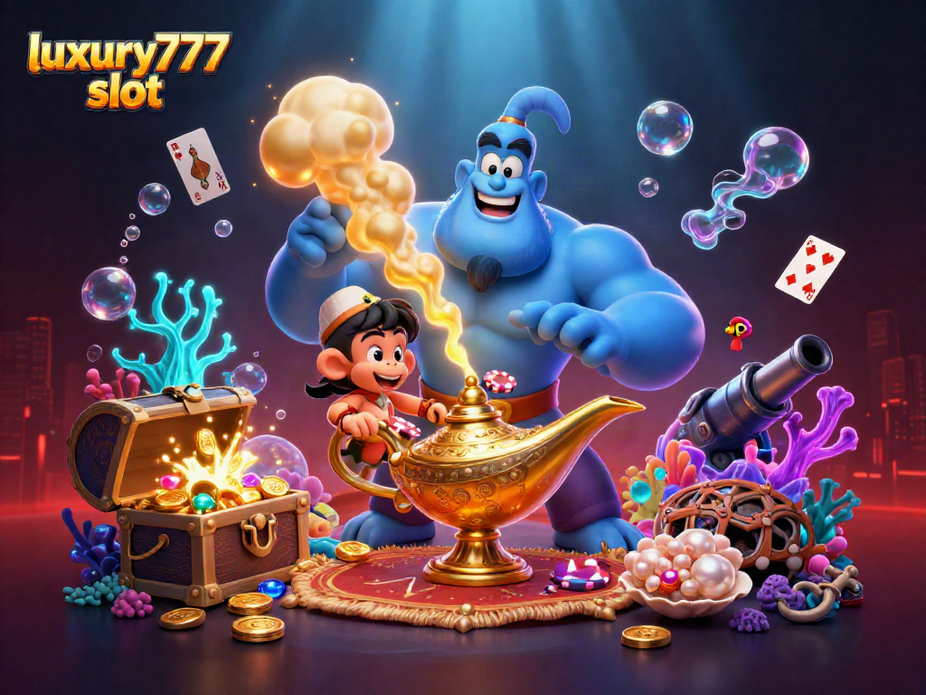 Permainan kece luxury777 slot dengan lampu genie dan koin emas yang melimpah.