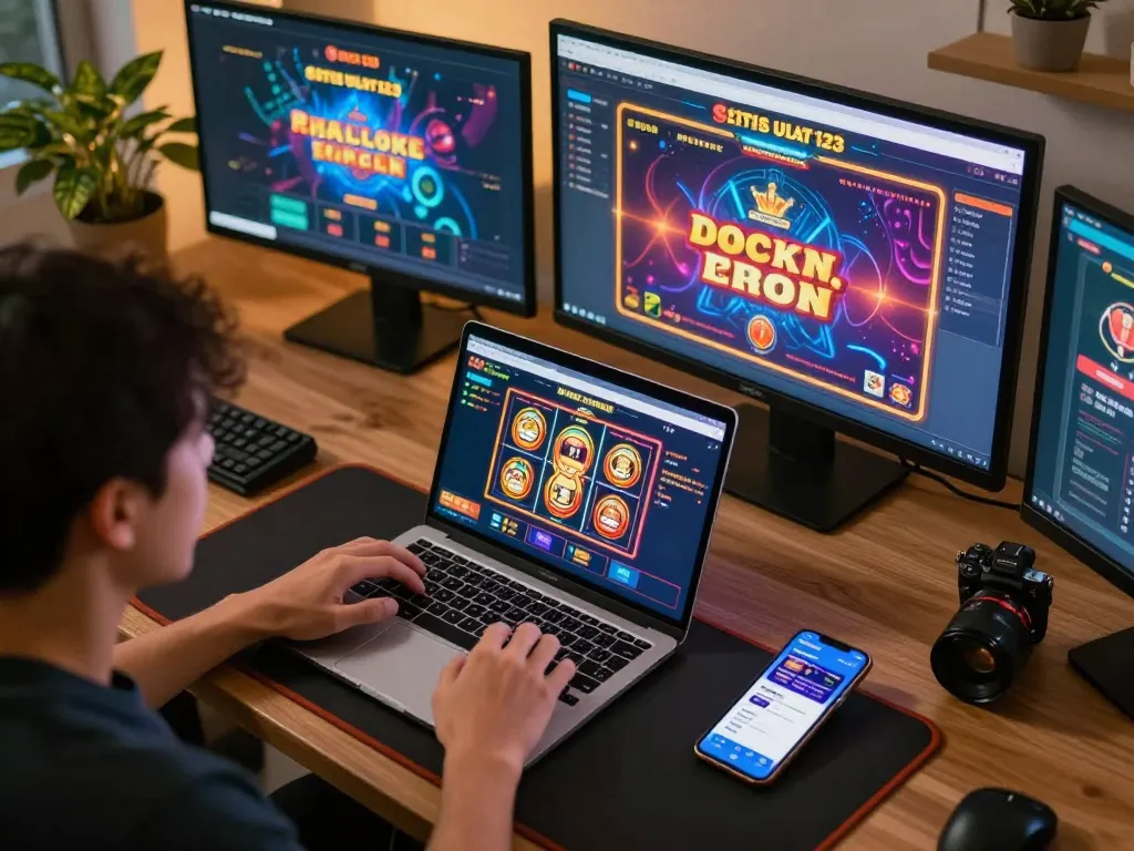 Engaging in situs ulat123 online gambling with smartphones and laptops in a cozy setting.