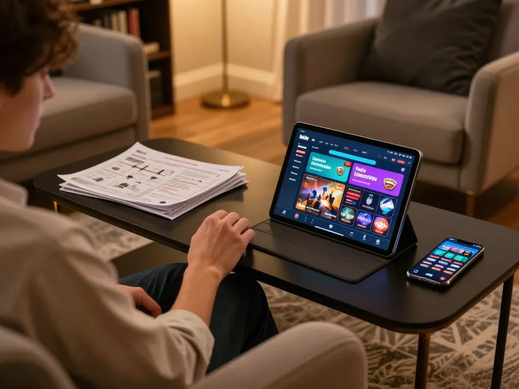 Player enjoying iWin casino app on tablet in a cozy home setting, showcasing strategic gaming