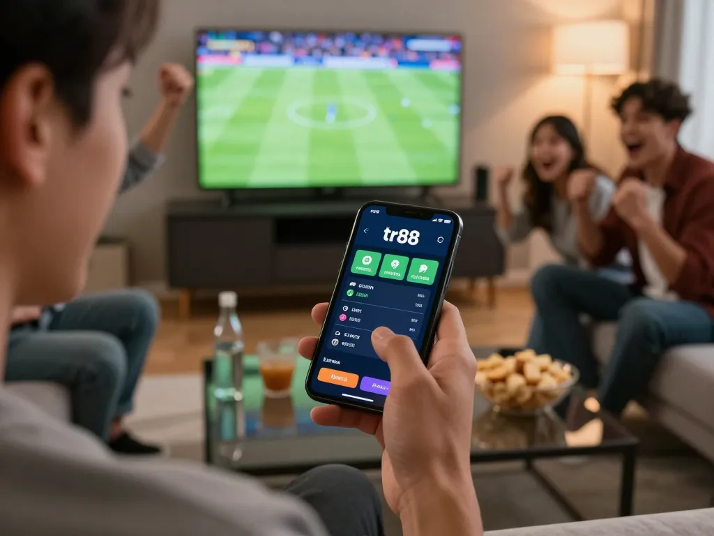Engaging moment with app tr88 as a person enjoys mobile sports betting with friends in a lively living room.