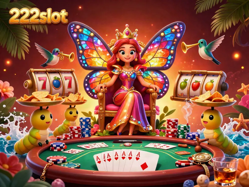Daratan 222slot yang megah dengan ratu kupu-kupu, chip emas, dan simbol slot cerah
