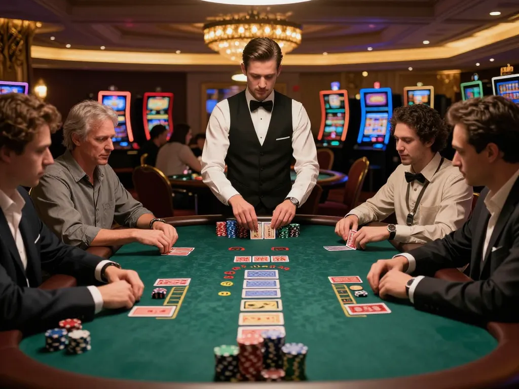 Players engaging in intense gameplay at a Sunwin blackjack table surrounded by an elegant casino atmosphere.