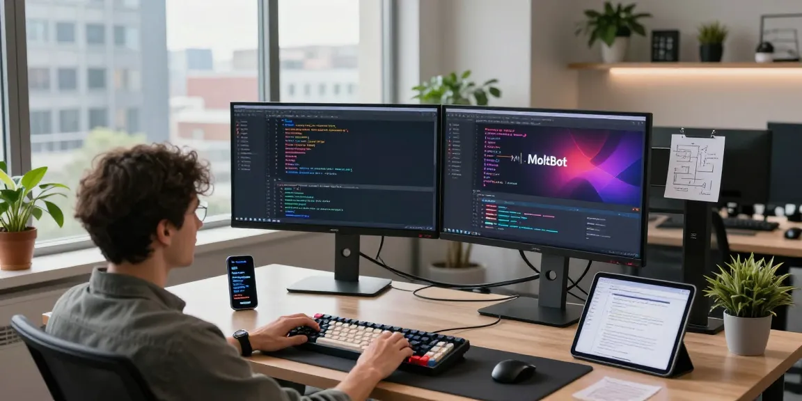 MoltBot development workspace with dual monitors showcasing coding, mechanical keyboard, and vibrant office environment for tech professionals.