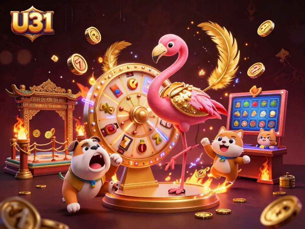 Experience the excitement of U31 casino with a dynamic 3D illustration of a game show host, prizes, and slot elements.