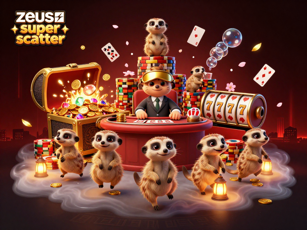 Engage with zeus super scatter as meerkats run a vibrant casino operation amidst treasure and lucky symbols.