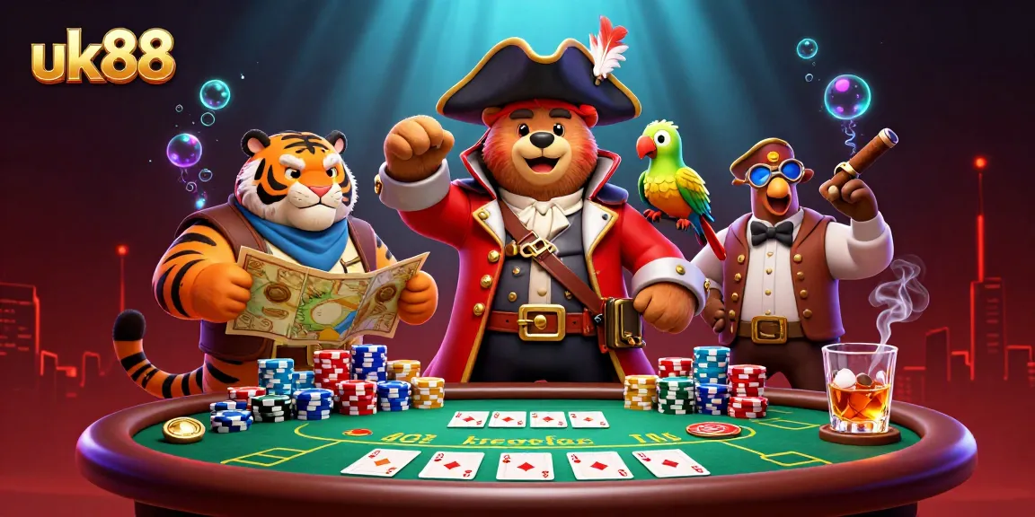 uk88 players strategize at a colorful, action-packed poker table in a vibrant casino scene