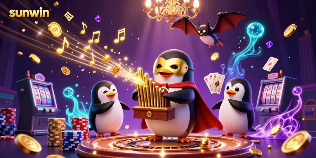 Exciting sunwin experience with a cartoon penguin playing an organ that shoots coins amidst casino elements like roulette and poker.