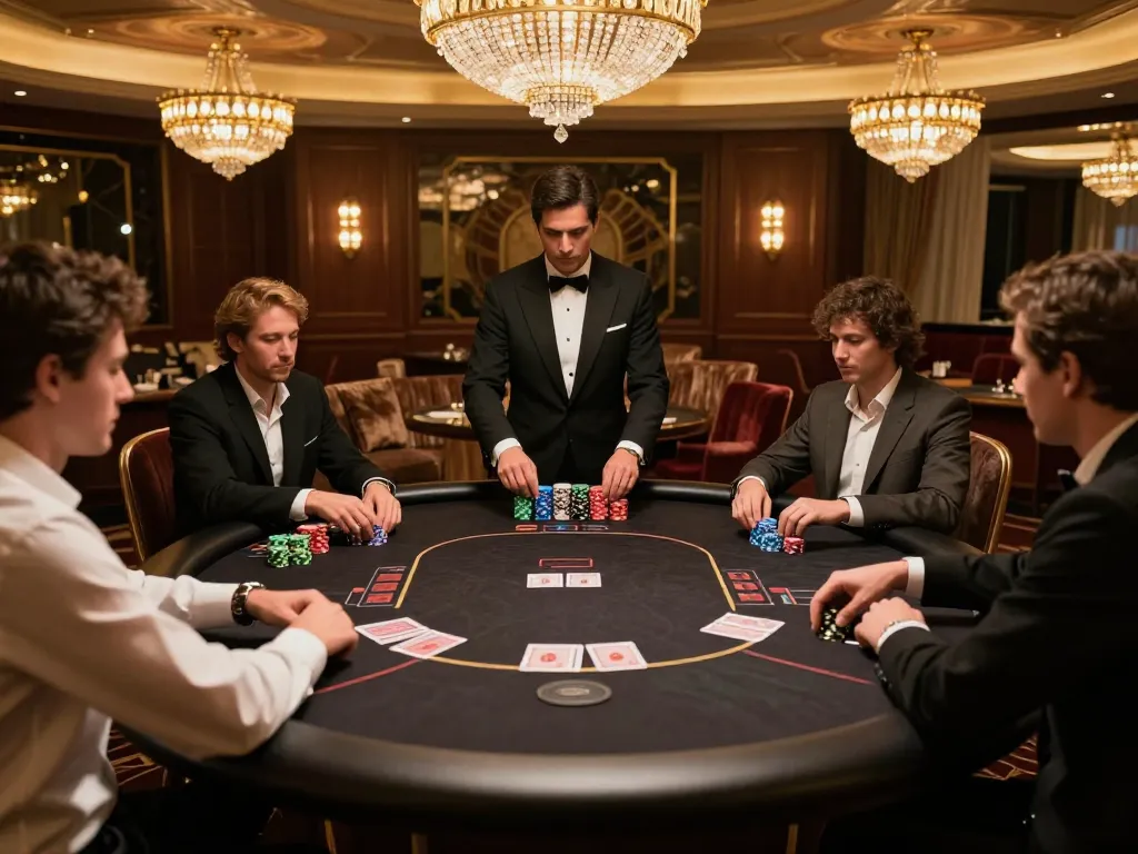Players at 88xx poker table strategizing bets in a luxurious high-roller casino environment