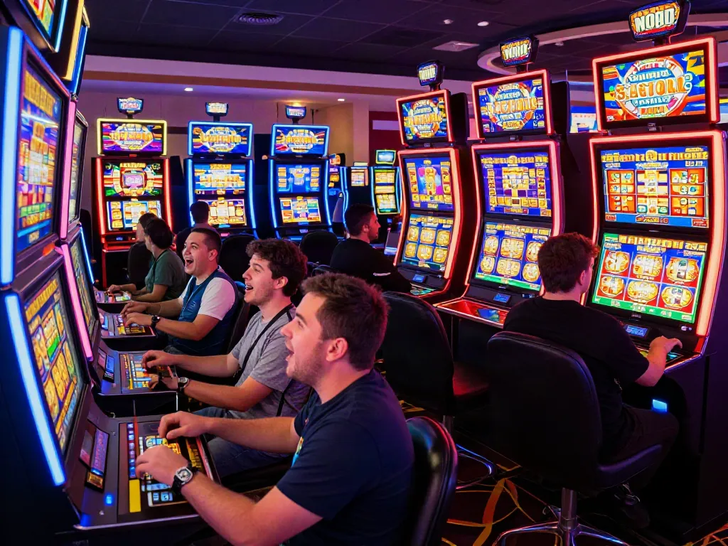 A80 slot information platform featuring players enjoying vibrant slot machines in a lively casino atmosphere.