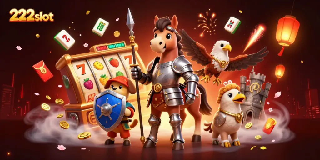 Slot seru 222slot dengan karakter pahlawan dan harta menang dalam ilustrasi kasino yang dinamis