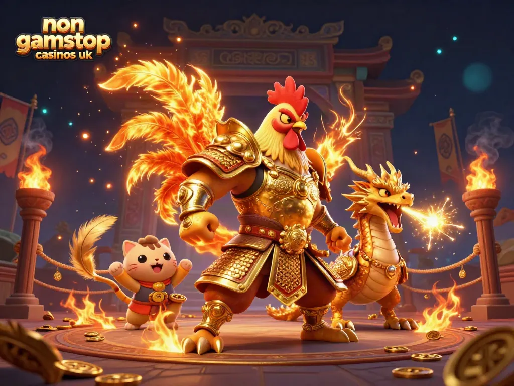 Engage with non gamstop casinos uk in a vibrant 3D illustration showcasing a fierce rooster warrior and dragon.