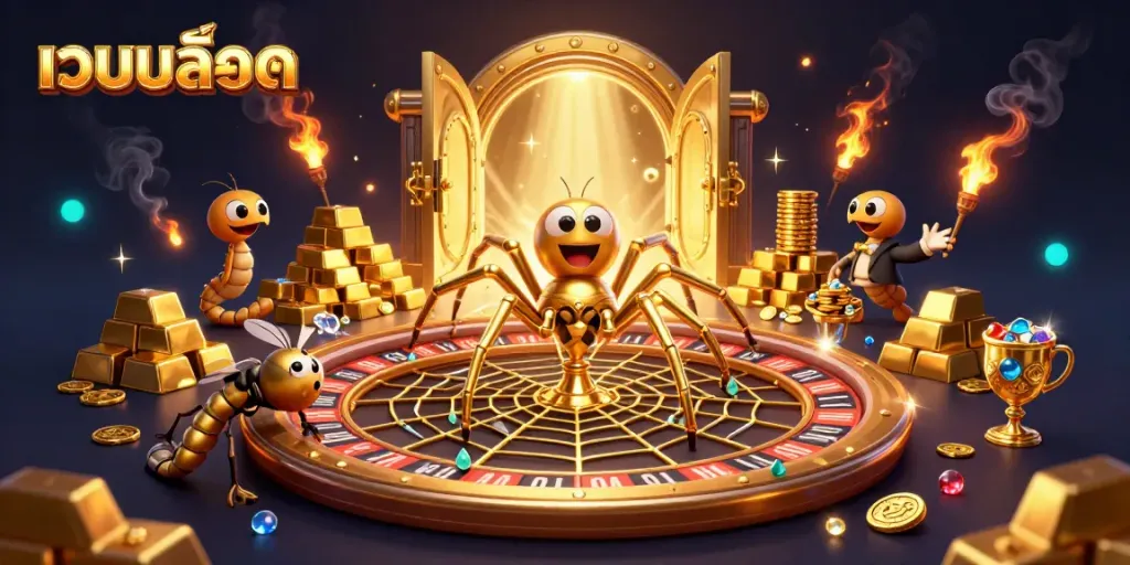 Engage with เว็บสล็อต in a dynamic 3D casino scene showcasing spider spinning a roulette wheel.