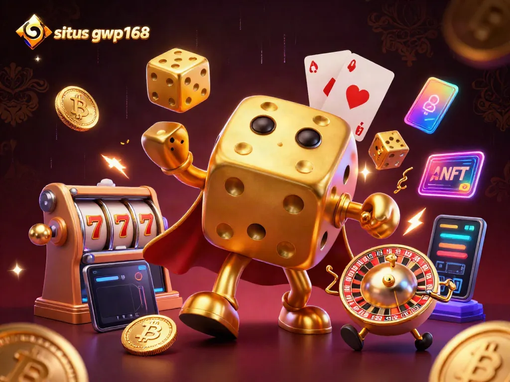 Menghadirkan situs gwp168 dengan dadu emas raksasa dan simbol slot saat bermain.
