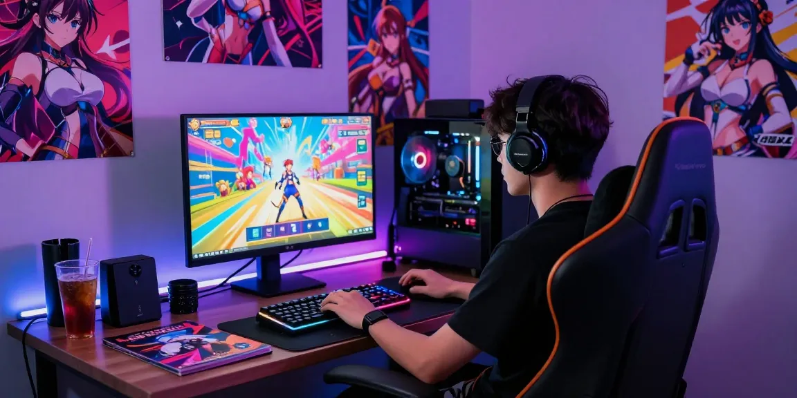 Immerse yourself in exciting hentai games with a vibrant gaming setup highlighting colorful gameplay and modern accessories.