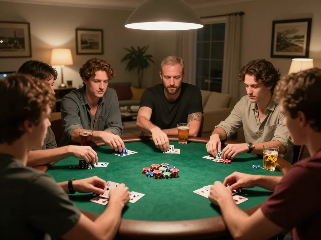 Maxpoker88 friendly home poker night with players focusing on their hands and chips