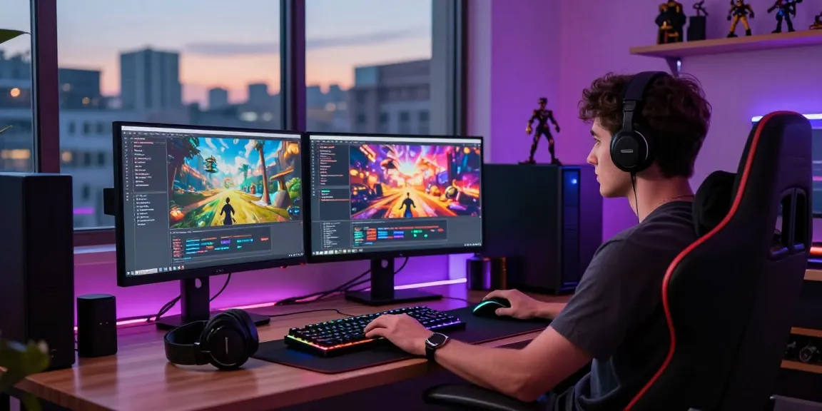 Ruang kerja kreatif untuk pengembang game dengan tampilan grafik dan kode, halte4d.