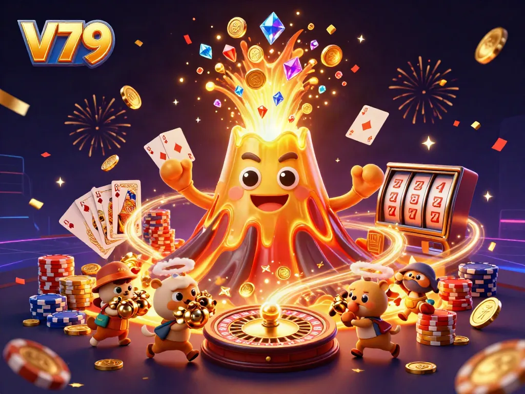 Join the excitement at V79 as treasure hunters escape a golden volcano amid cascading coins.
