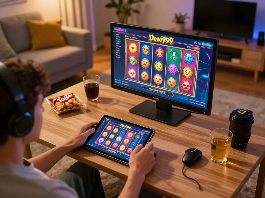 Pemain Dewi999 terbenam dalam aksi permainan slot online yang mendebarkan di tablet di rumah, menunjukkan permainan yang bertanggung jawab