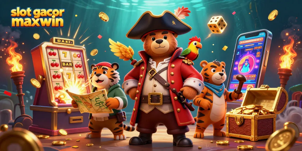 Experience the thrill of slot gacor maxwin with a captivating 3D scene of a pirate bear, tiger, and a parrot amidst vibrant casino elements.