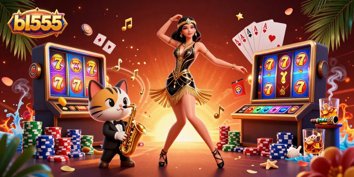 Experience thrilling gaming with bl555 featuring vibrant slot reels, dancing characters, and rich casino elements.