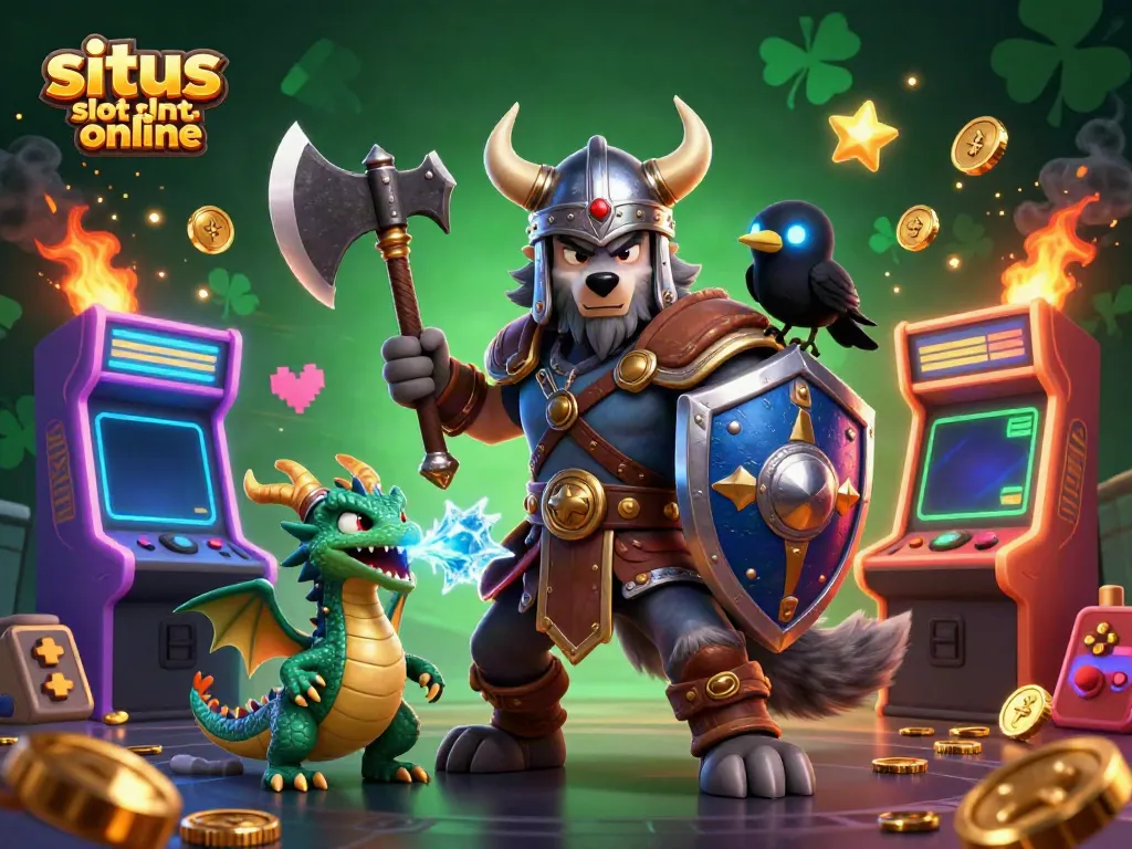 Permainan situs slot online yang menarik dengan karakter Viking, naga, dan gagak di tengah suasana kasino.
