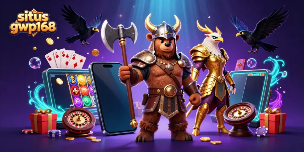 Bermain slot dengan pengalaman kasino langsung di situs gwp168, menampilkan karakter Viking dan elemen kasino.